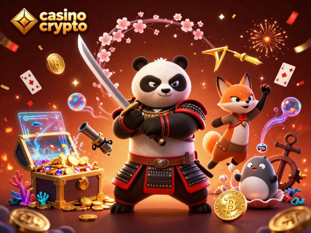 Jouez dans un casino crypto avec nos personnages de samouraï panda, ninja fox et tanuki en pleine action, entourés de pièces Bitcoin et Ethereum.
