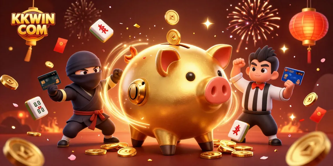 Celebrate with KKWIN COM in this lively casino illustration featuring characters and game elements.