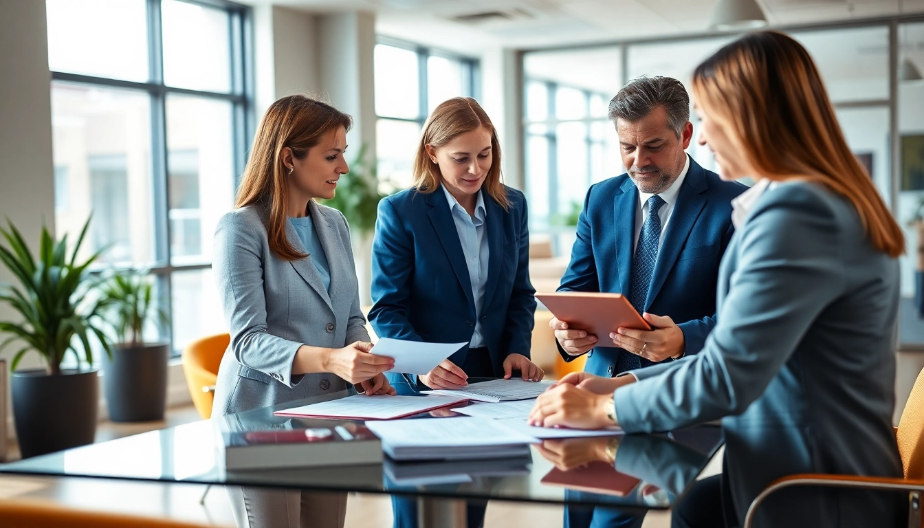 Offering Title Insurance Services in a welcoming office with clients discussing documents.