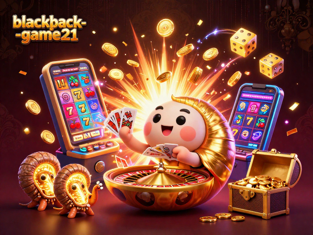 Experience thrilling gameplay at blackjack-game21 with a vibrant 3D casino illustration showcasing epic wins and colorful game elements.