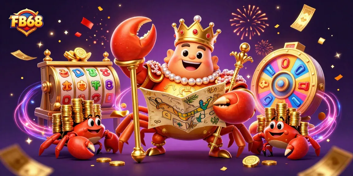 Experience FB68's excitement with a golden crab emperor among vibrant slot reels and dynamic visuals.