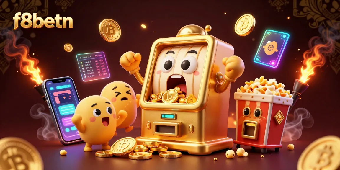F8betn slot machine hits jackpot as golden coins pour out, surrounded by cheering characters.