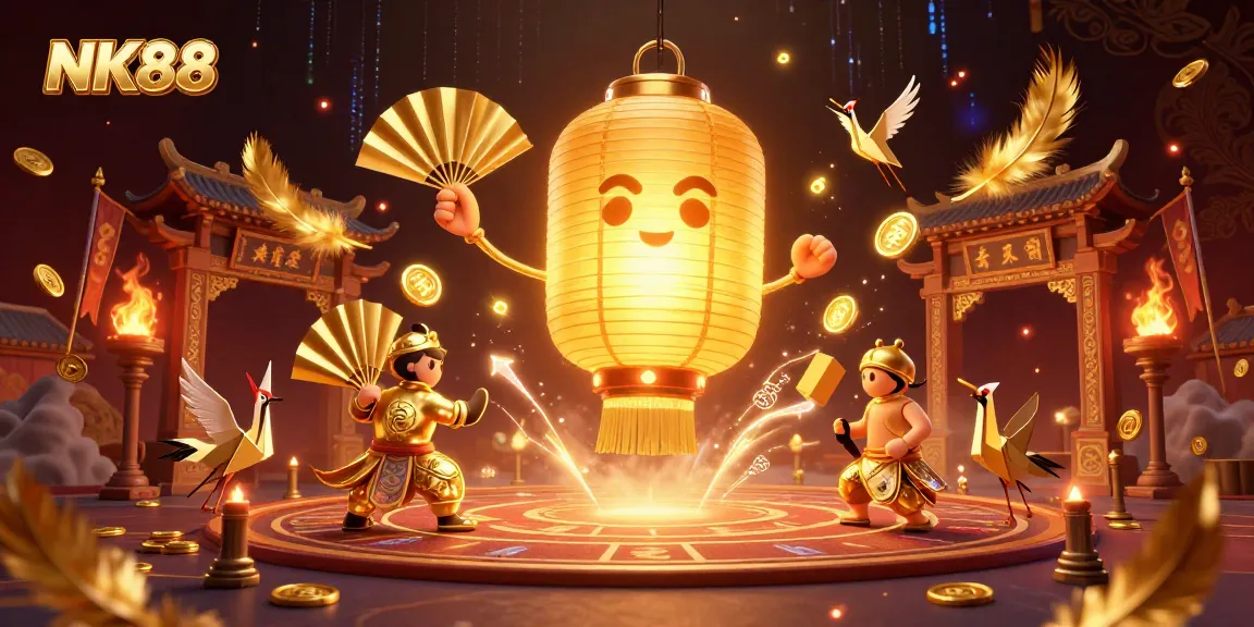 Engage with NK88's vibrant casino atmosphere, where golden lanterns and warriors illuminate the night market.