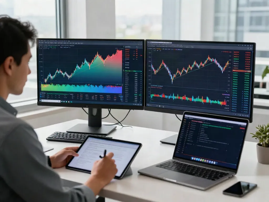 Professional trader using MetaTrader 5 platform with financial charts and analysis tools.
