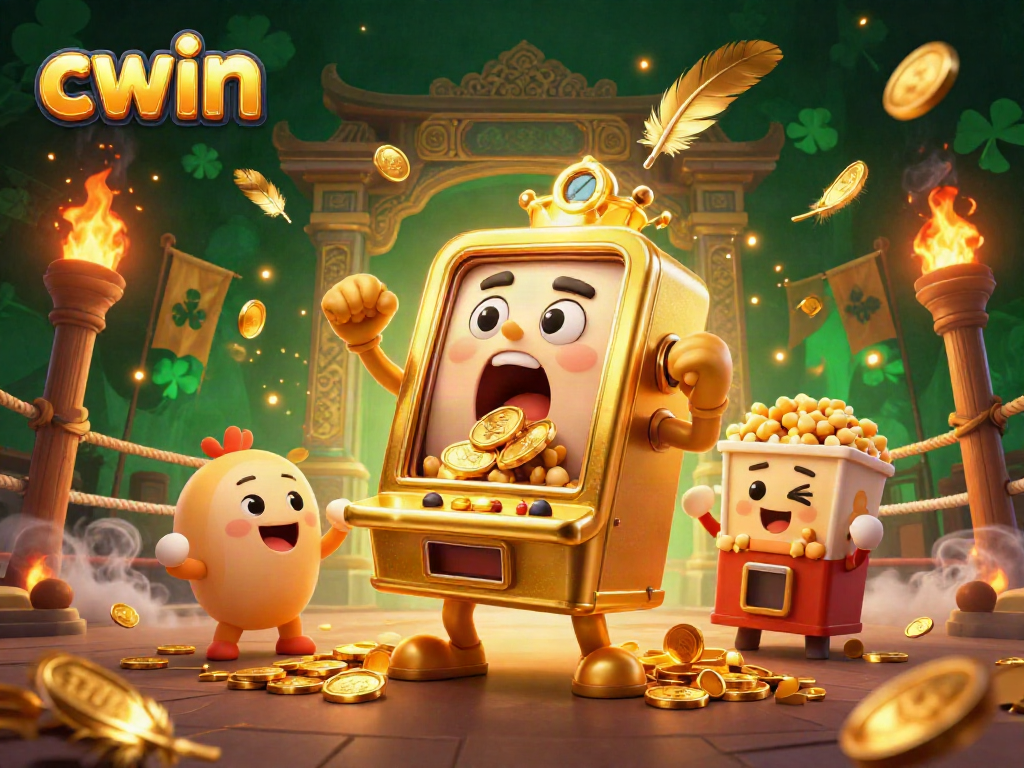 Cwin's golden slot machine hits a jackpot, showering coins amidst cheering smaller machines, vibrant 3D scene.