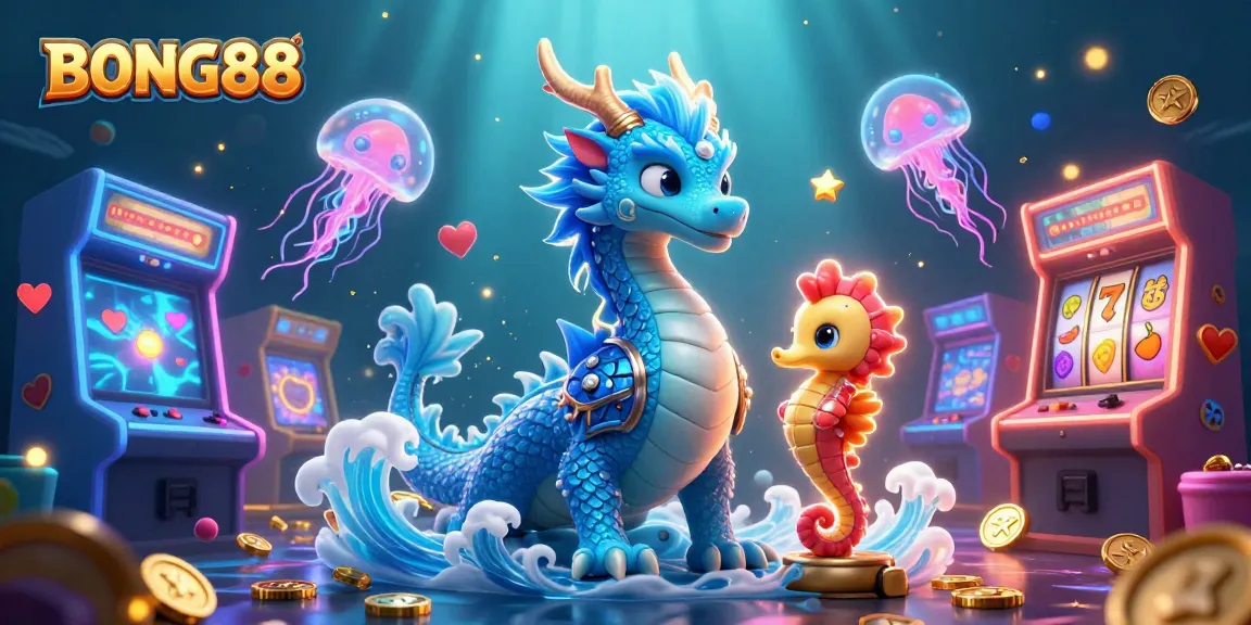 BONG88-inspired illustration showcasing an azure dragon, seahorse knight, and glowing jellyfish amidst vibrant casino elements