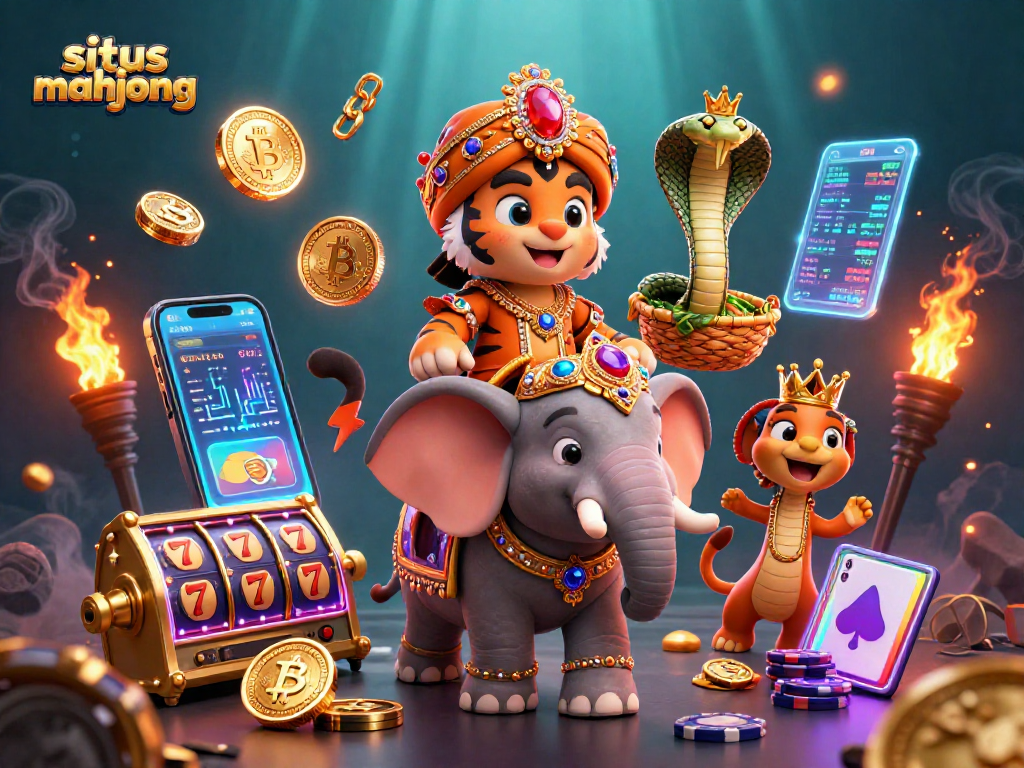 Engage with situs mahjong in an electrifying casino scene showcasing a tiger maharaja, elephant, and crypto elements.