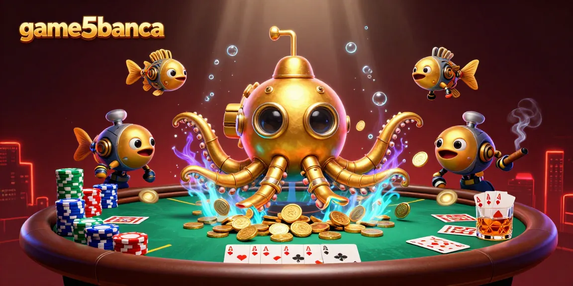 Engage with game5banca's thrilling underwater casino scene featuring a kraken submarine surrounded by vibrant game elements.