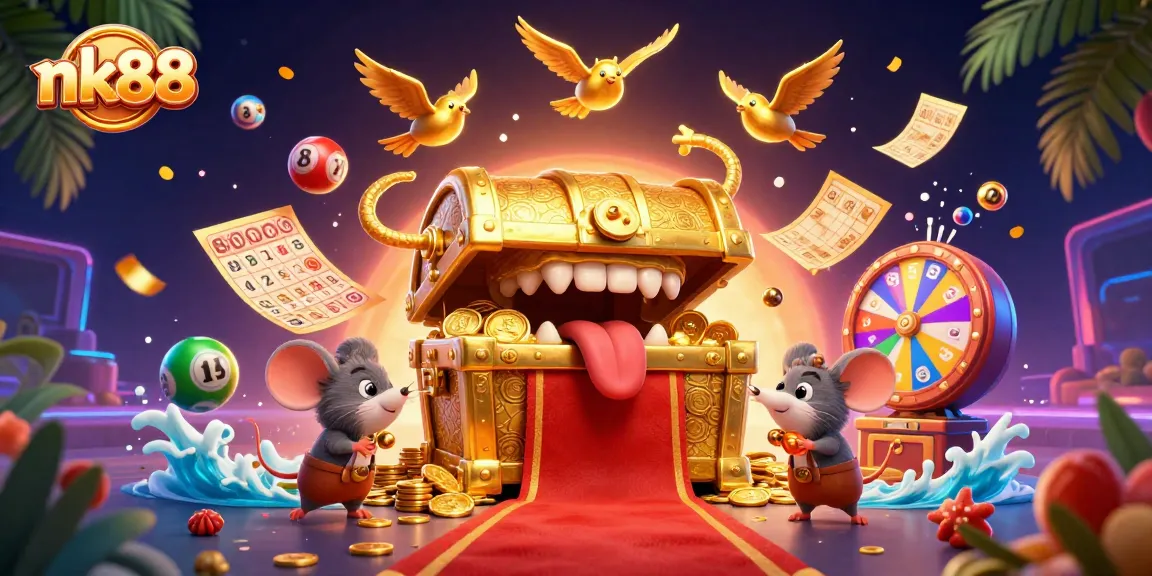 Play with nk88 in a vibrant 3D casino scene showcasing colorful lottery elements and thrilling treasures.