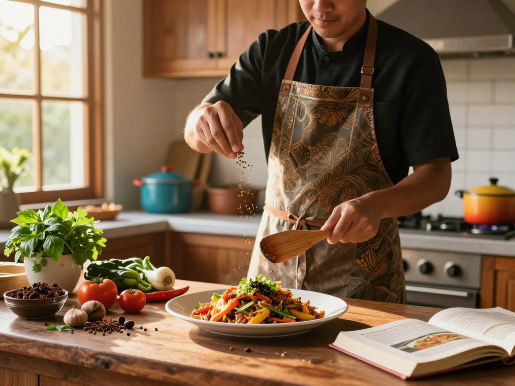 Menyiapkan masakan di dapur cerah saat matahari terbenam, situs epictoto untuk menginspirasi pengalaman kuliner.
