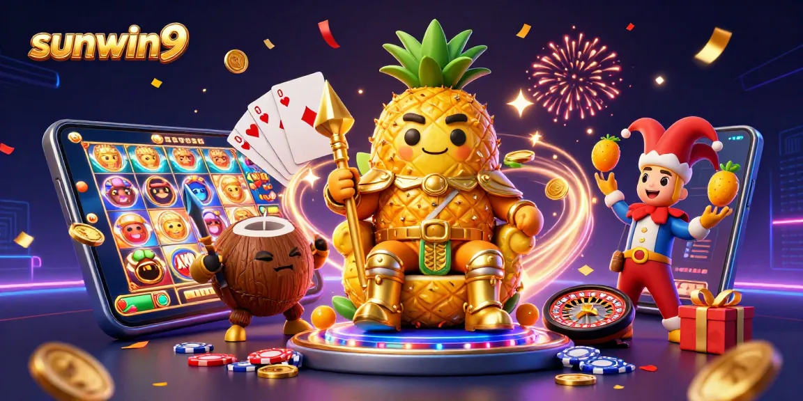 Engage with sunwin9's vibrant gambling scene featuring a golden pineapple king and exciting games.