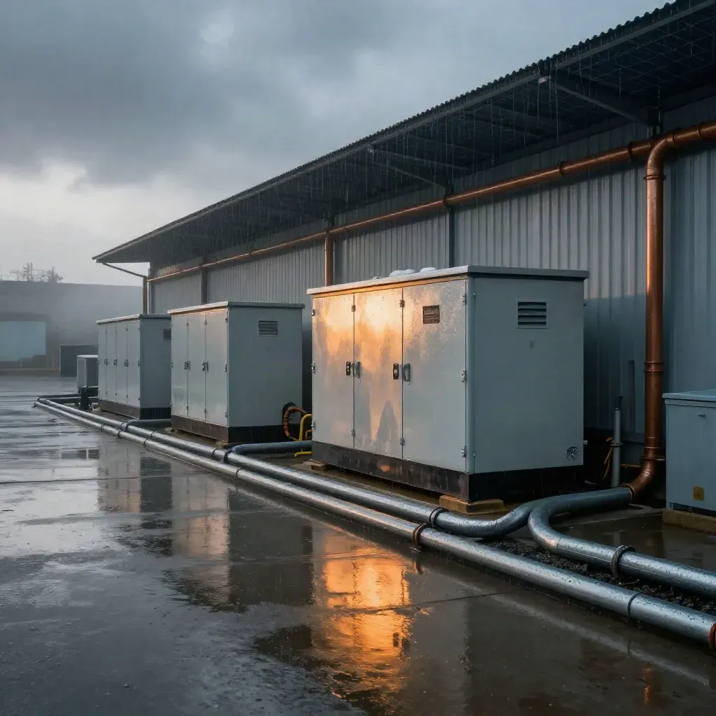 Rain-soaked power yard with generator, battery cabinets and solar canopy at dusk.