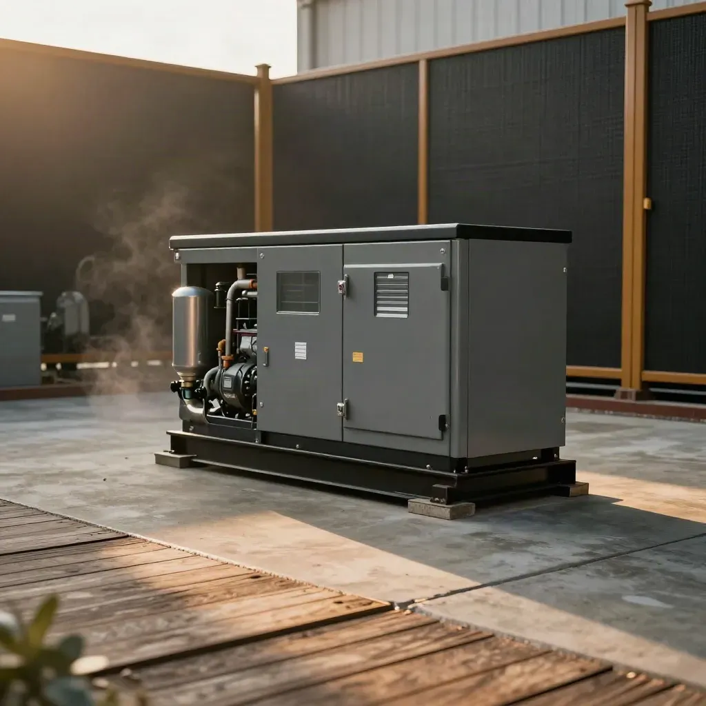 Standby generator on a concrete pad with transfer switch, exhaust stack, and sound panel in warm light.