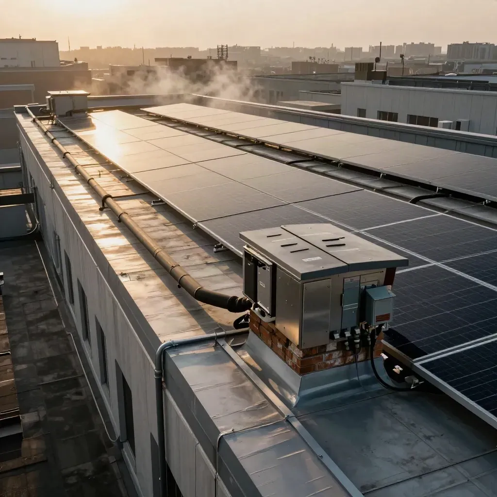 Solar array linked to an industrial rooftop penthouse with inverters and a service walkway.