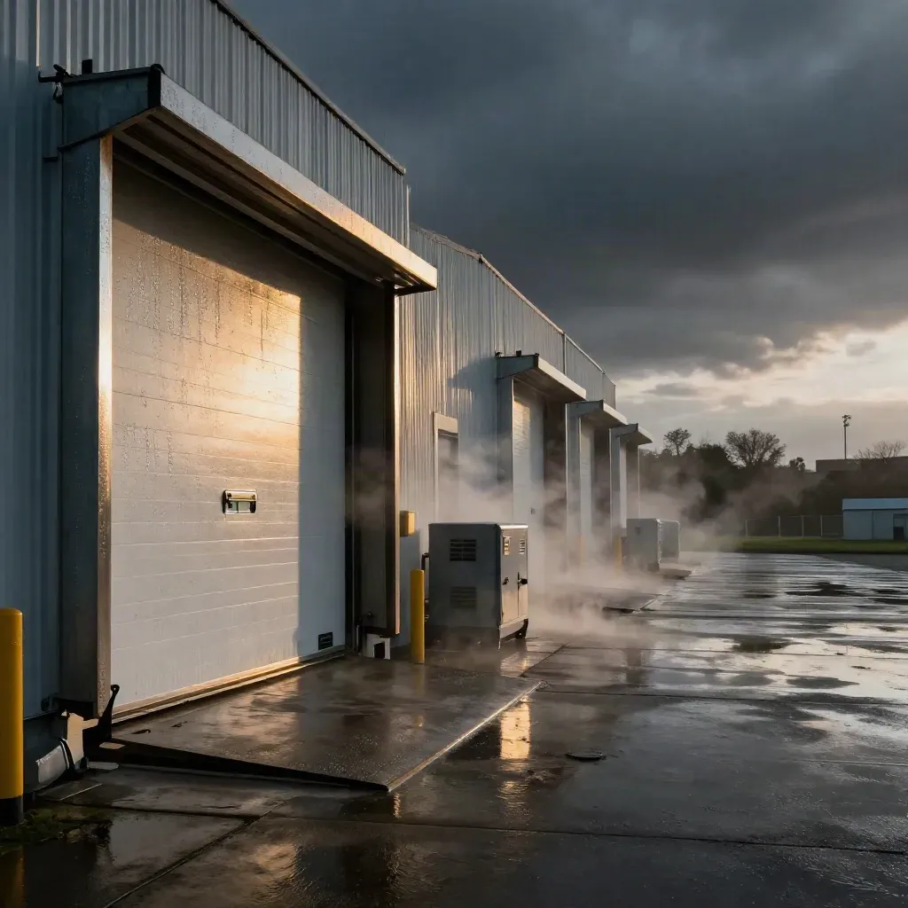 Storm-lit cold storage bay with freezer doors and backup generator by a wet loading dock.