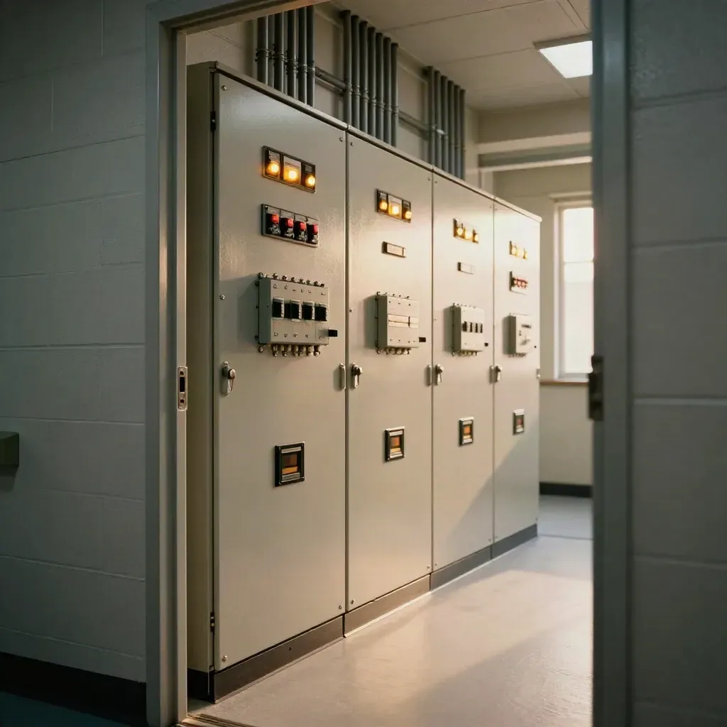 Clinic electrical room with new panels and warm corridor glow