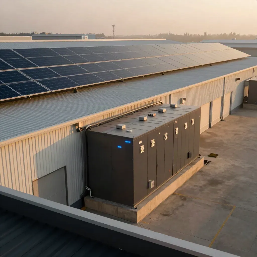 Warehouse rooftop solar array with battery backup enclosure above dock doors in moody light