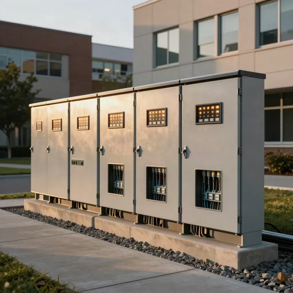 Upgraded office park electrical panels and load-management cabinets between four facades at golden hour