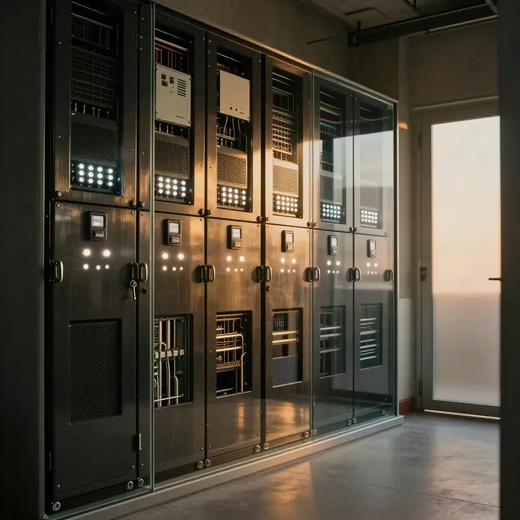 Low control room view of UPS cabinets and transfer gear glowing behind glass during power transfer.