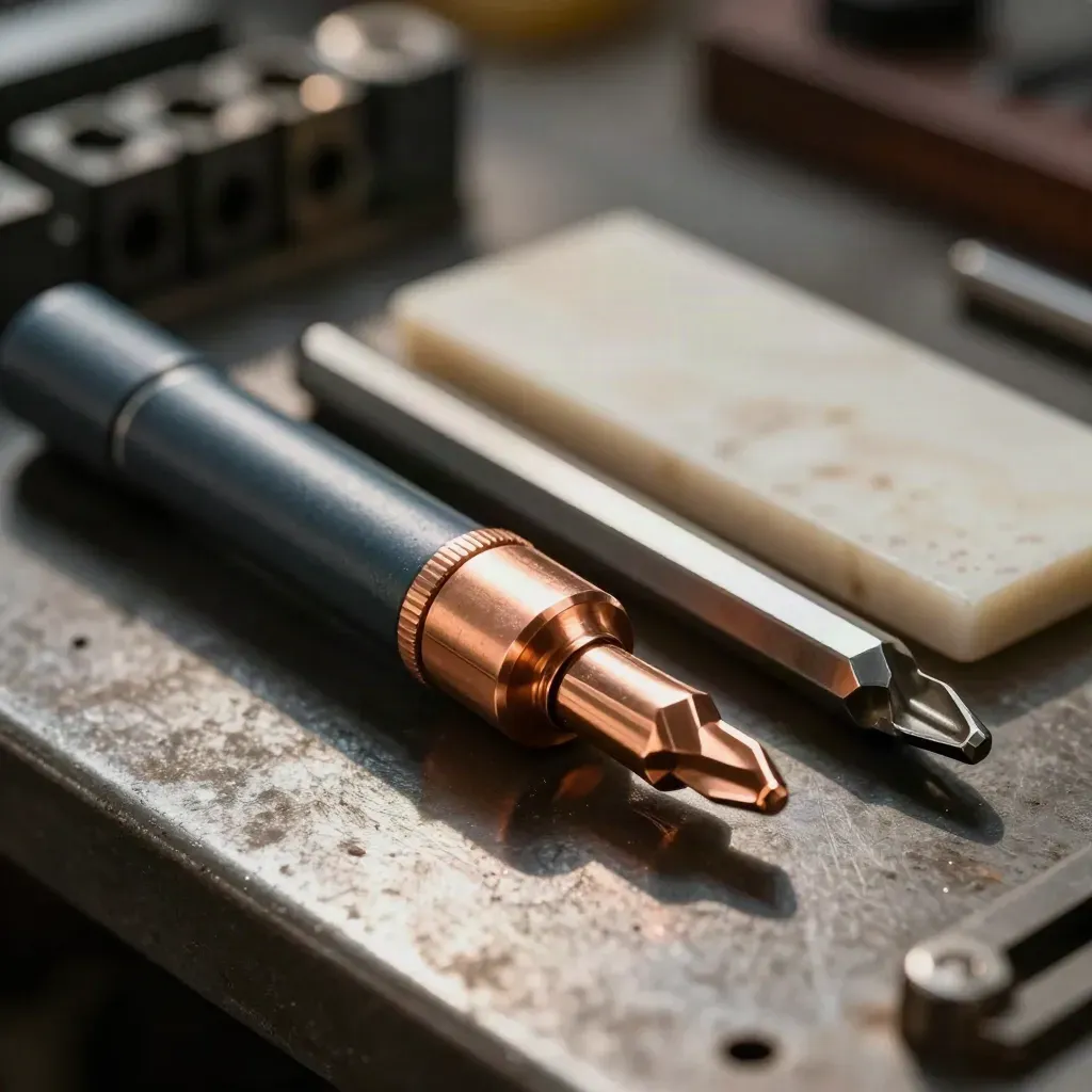 Macro still life of ferrules, torque bits and a busbar on a dark electrical workbench.