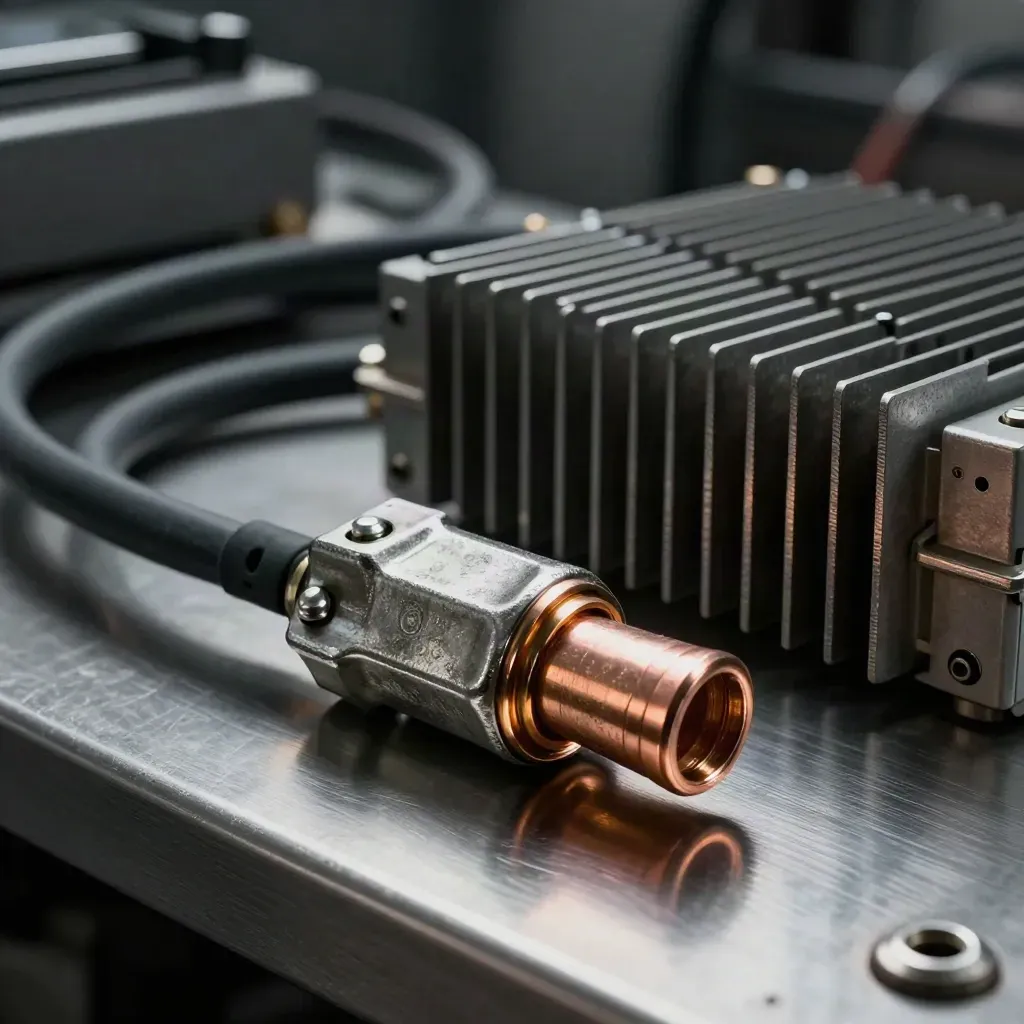 Battery lug, cable end, and inverter fins on steel in dramatic low light