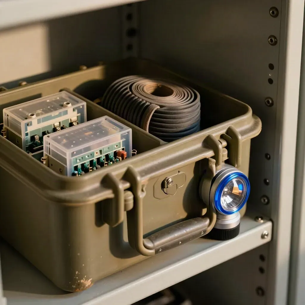 Sealed service kit, relays, gasket roll and fault beacon on a maintenance shelf.