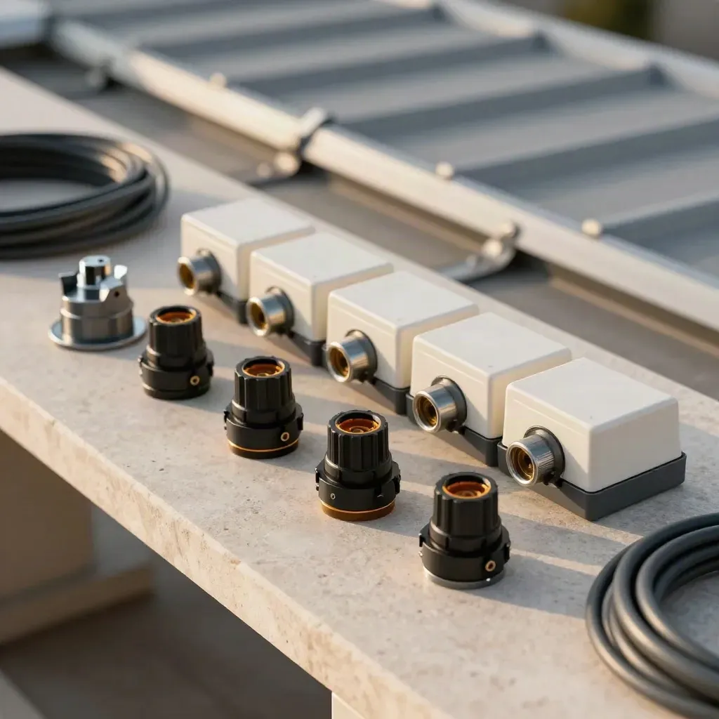 Overhead solar assembly with MC4 connectors, roof anchors and combiner lid on pale stone