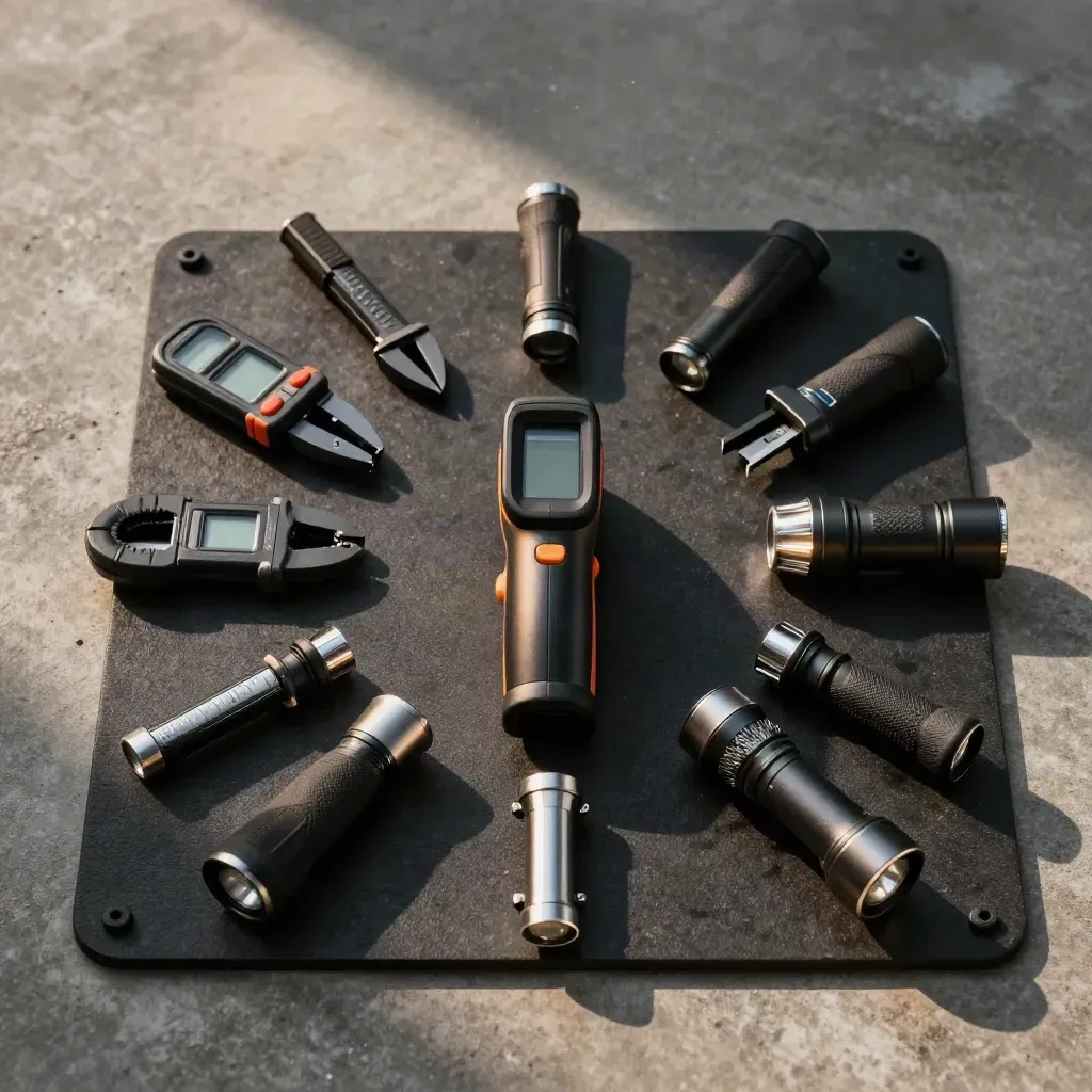 Infrared thermometer, clamp meter, torch and flashlight arranged on a rubber mat for site review.