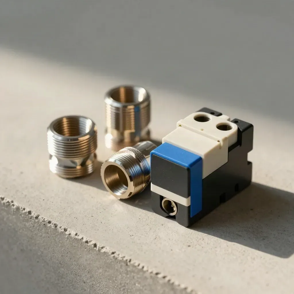 Breaker sample, conduit coupling, cable gland and relay block on pale concrete with soft side light.