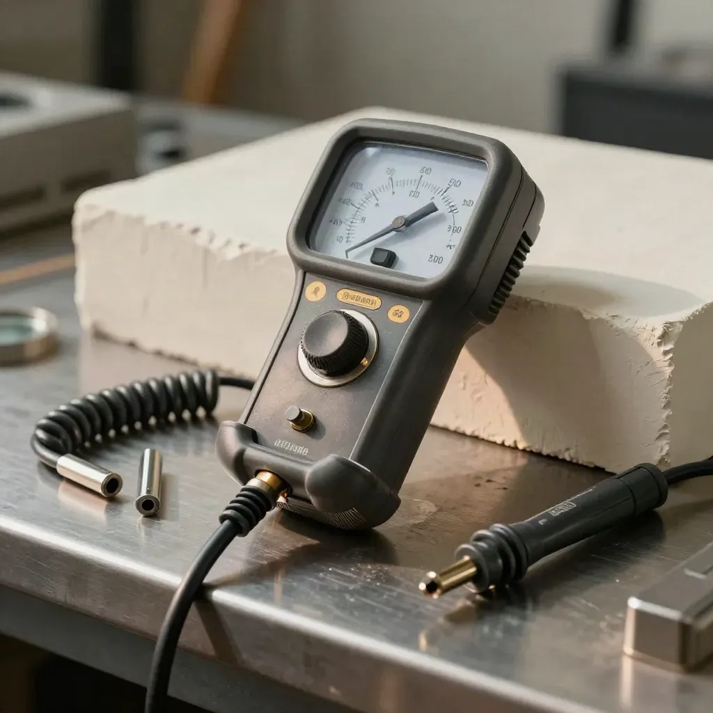 Megohmmeter with torque bits, coil leads and test plug on a brushed steel bench.