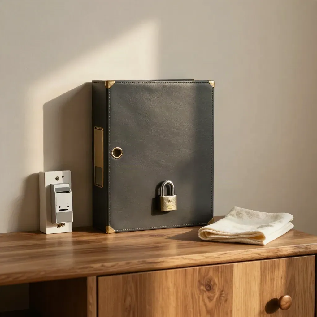 Closed maintenance binder, relay, fuse pack, and lockout hasp on a warm wood shelf.