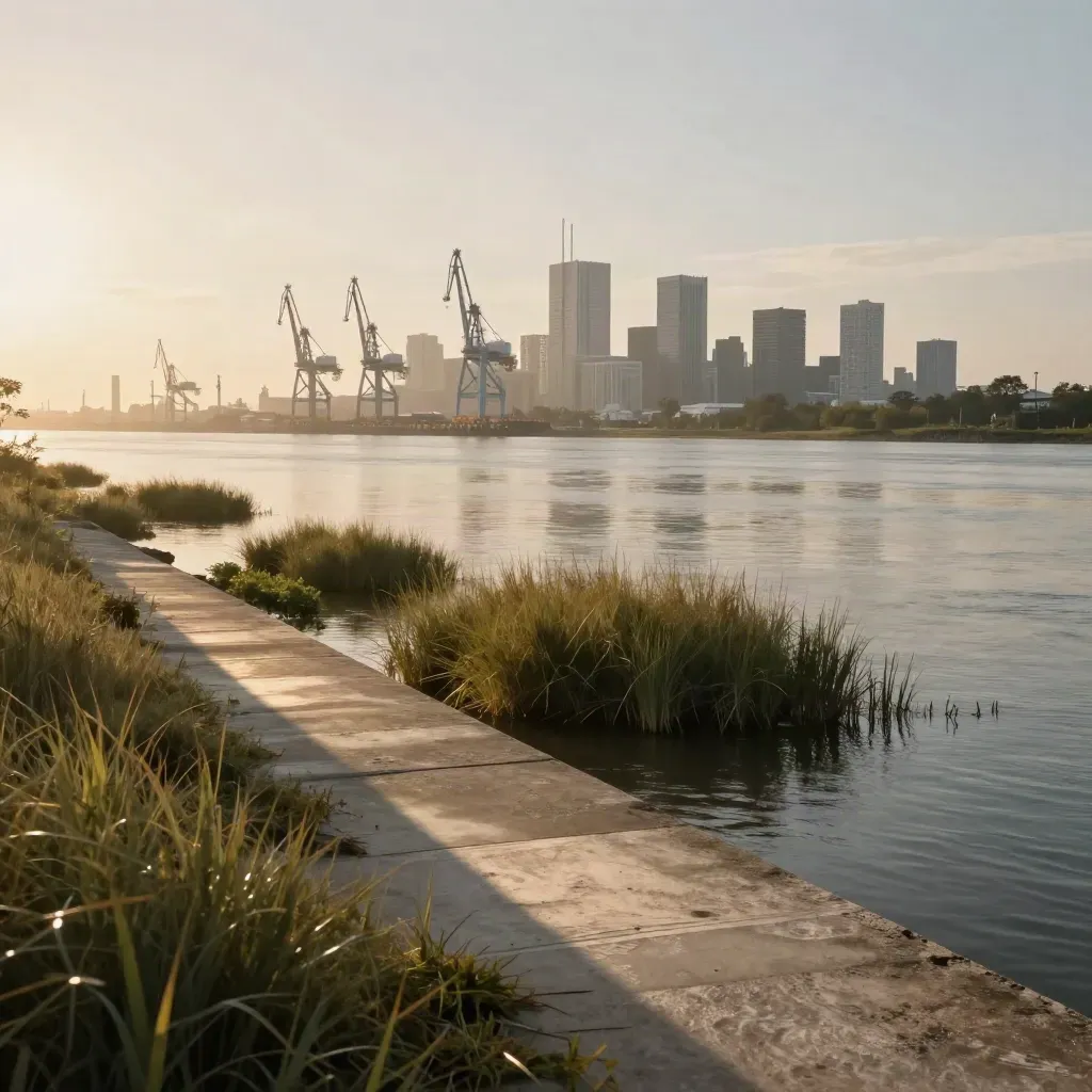 Houston skyline and port cranes above a hazy bayou at sunrise