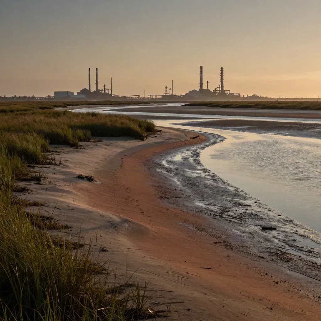 Marsh and waterway at dusk with distant industrial silhouettes on the Gulf Coast