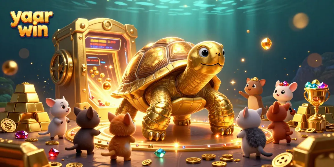 Experience yaar win with a vibrant casino adventure featuring a colossal golden tortoise and treasures.