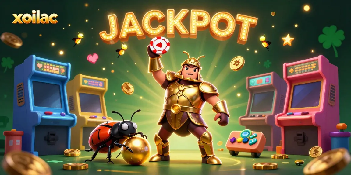Xoilac's triumphant hercules beetle celebrating victory with a golden poker chip amidst glowing arcade games.