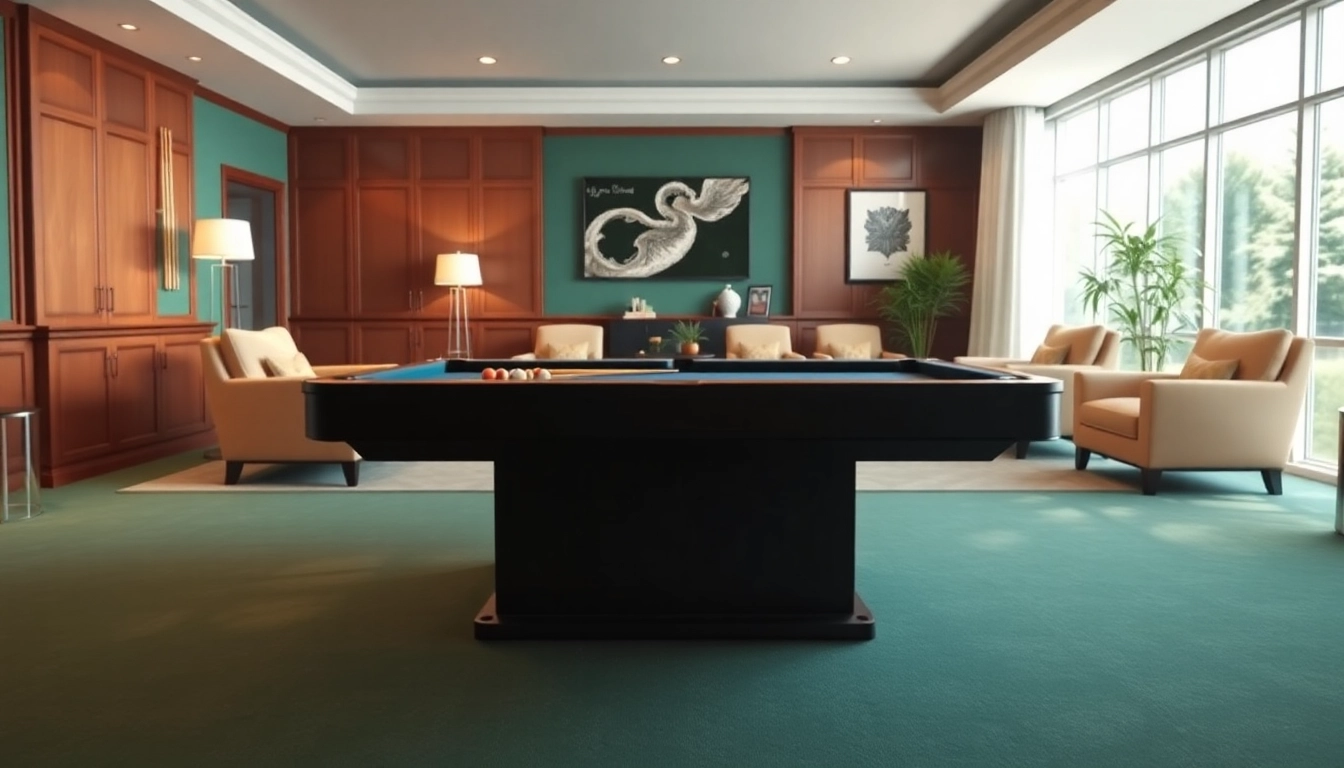 Buy Pool Tables in a stylish game room featuring a modern slate table and ambient lighting.