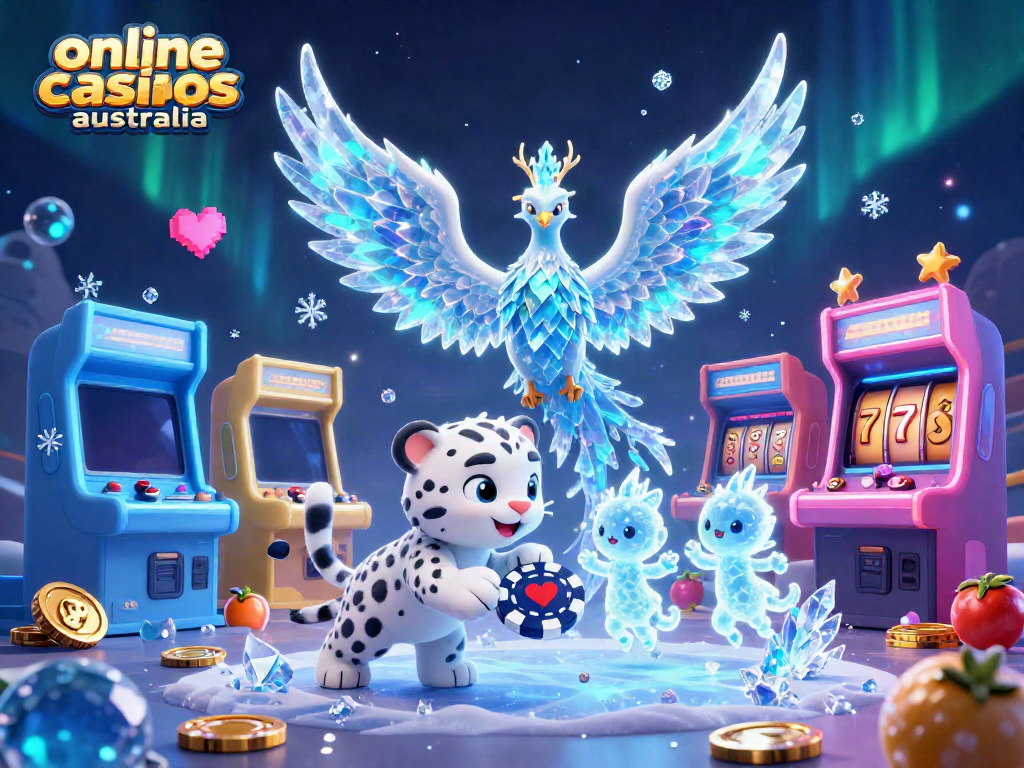 Explore vibrant scenes of online casinos Australia with engaging characters and casino elements.