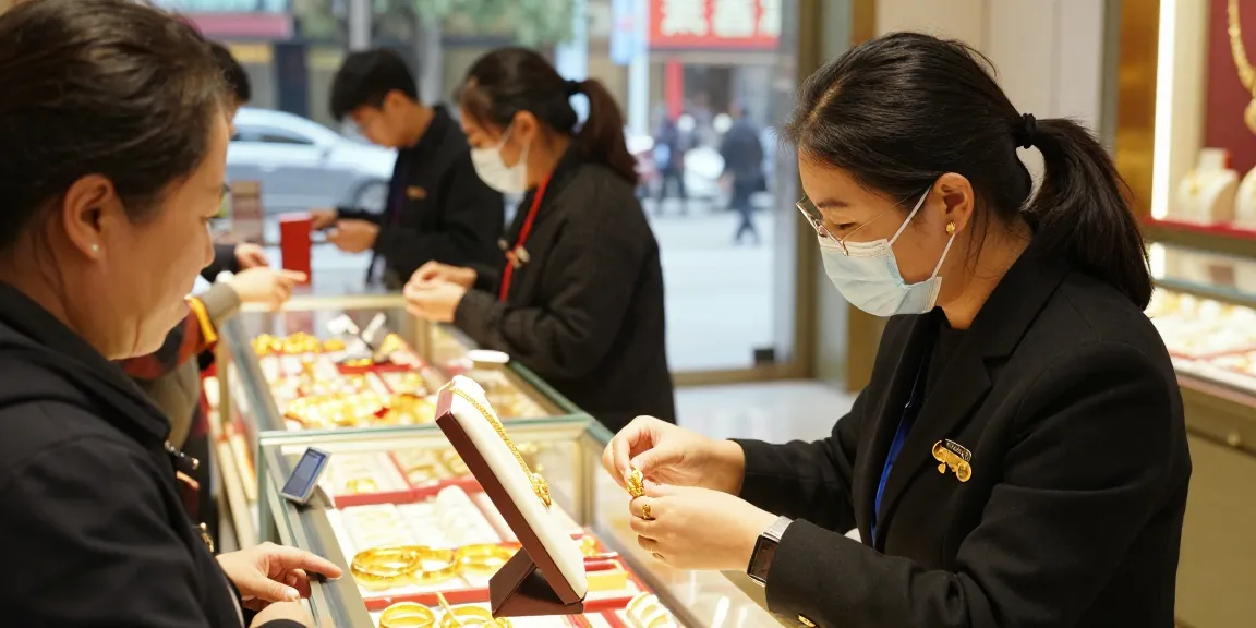 Mantra88 gold trading scene in a jewelry store with staff assisting customers.