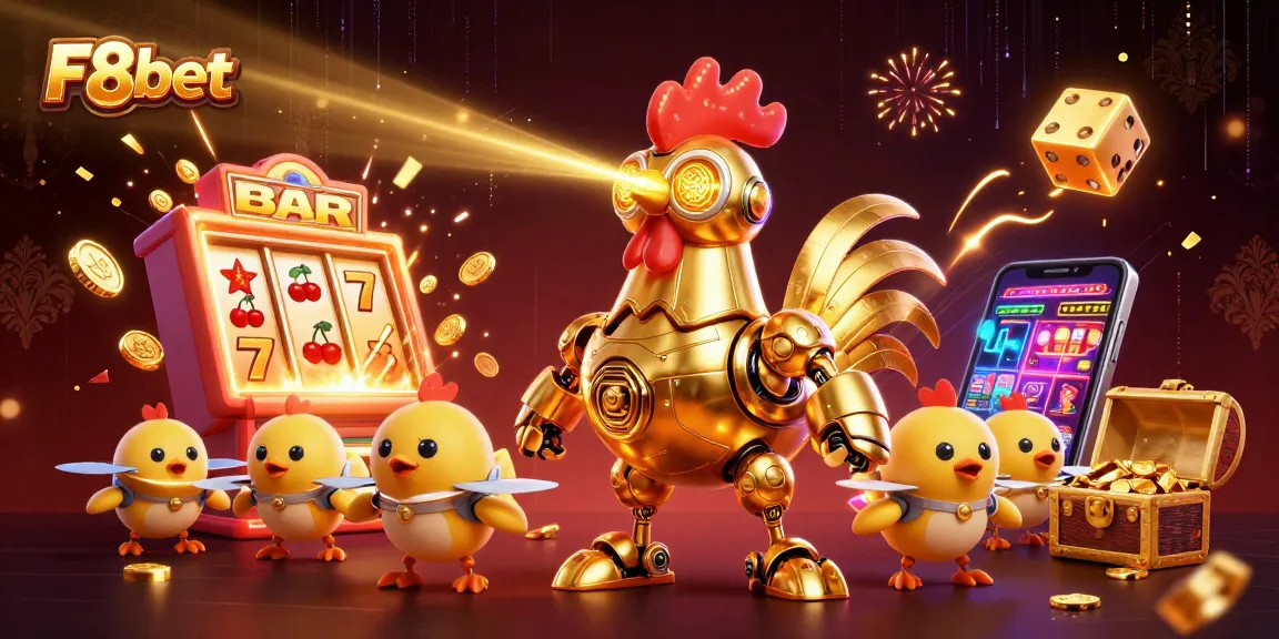 Experience thrilling gaming adventures with F8bet featuring a golden rooster robot amidst vibrant casino scenes.