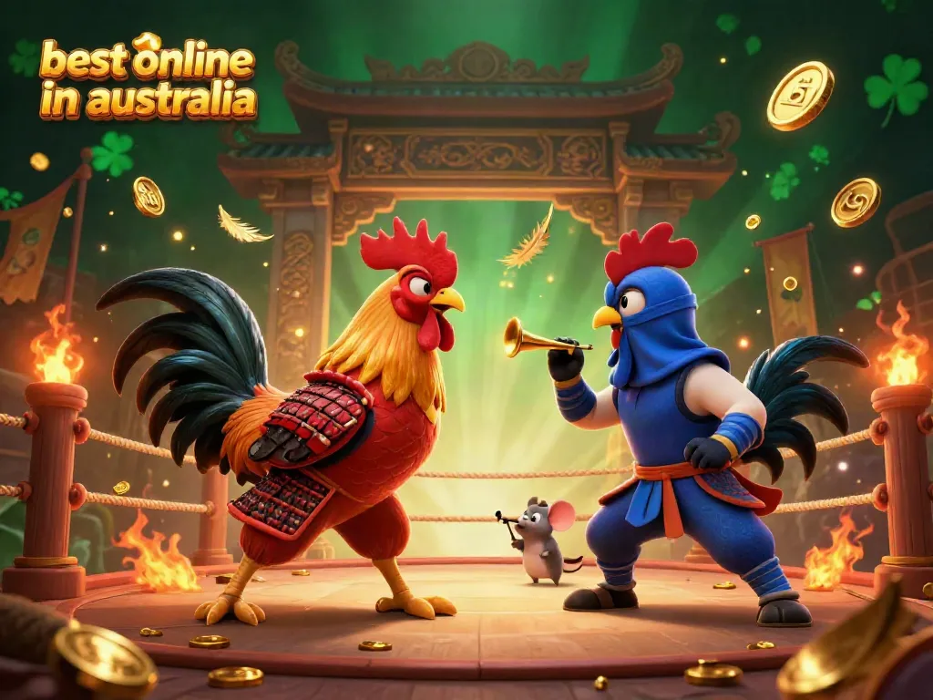 Dynamic standoff between twin cartoon roosters in armor and ninja gear, representing the best online casino in Australia.