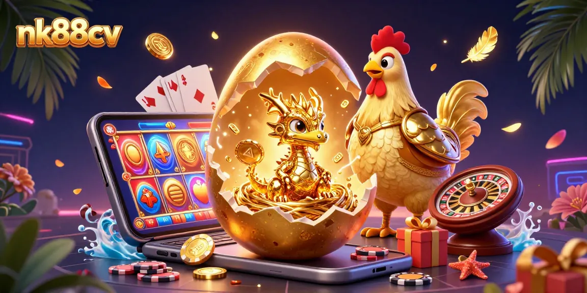 Experience the thrill of nk88cv with a golden baby dragon emerging from a nest of poker chips amidst a dazzling casino scene.