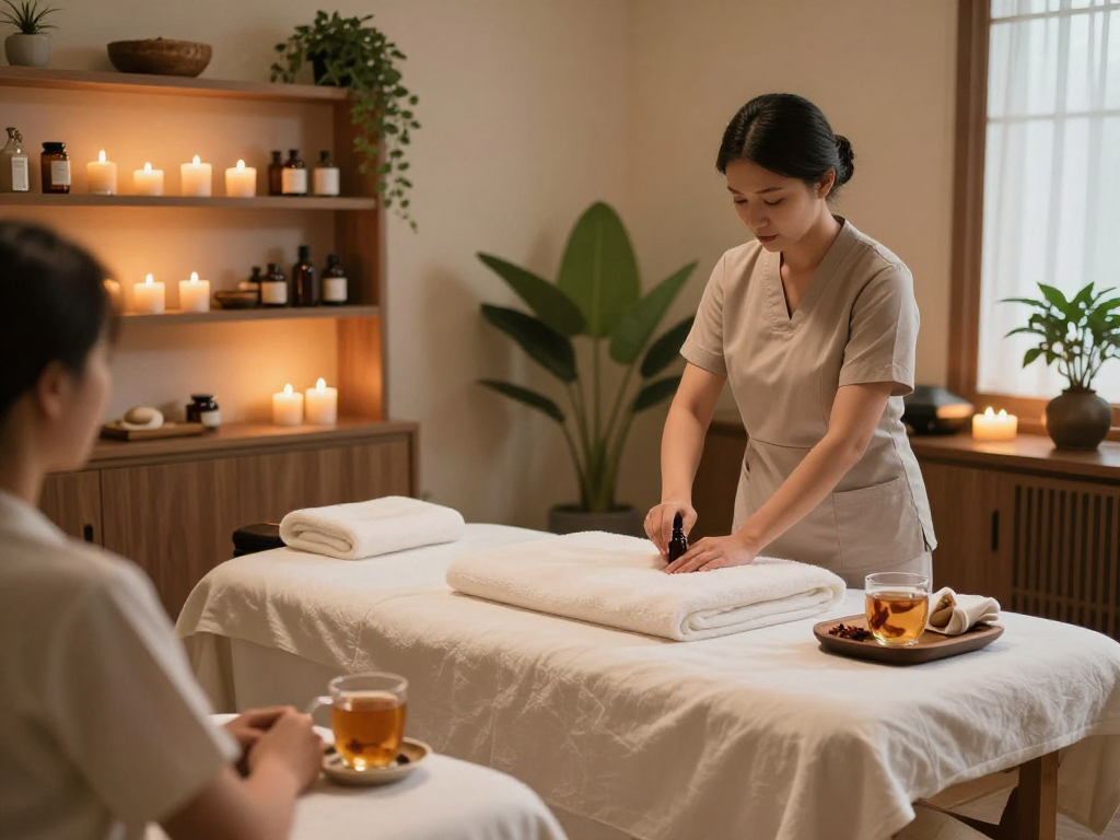 Therapist preparing for a mantra88 massage session in a serene spa setting.