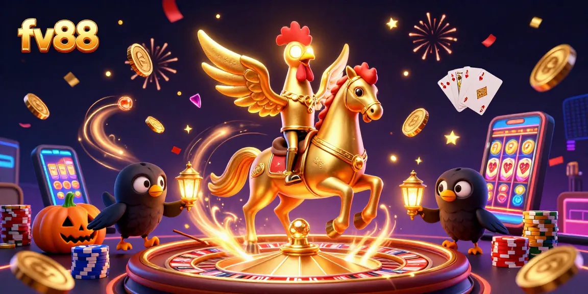 fv88 offers thrilling gameplay with a golden rooster and festive elements lighting up the midnight casino.