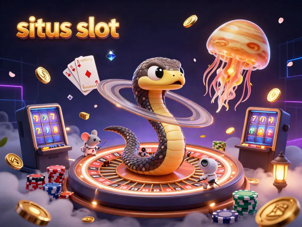 Menangkan permainan situs slot dengan ilustrasi digital 3D, menampilkan slot, koin emas, dan dealer kosmik.