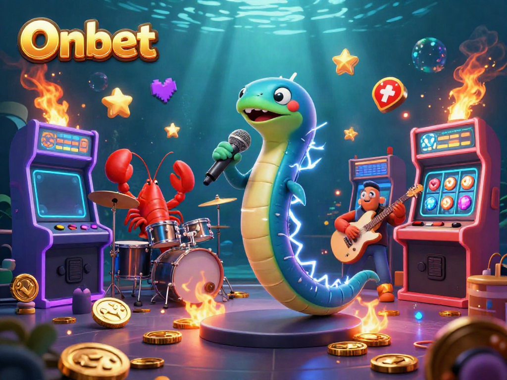 Onbet-themed underwater casino scene with electric eel DJ and colorful gaming elements providing an immersive gambling experience.