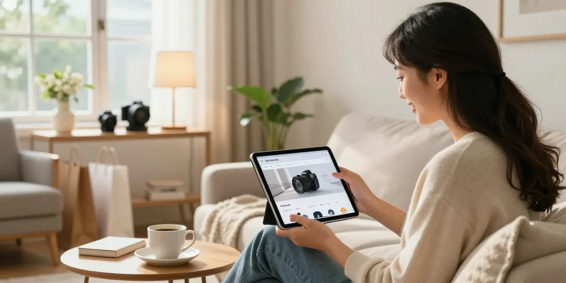 Customer shopping at ebbfilter.com in a cozy living room decorated with stylish items, showcasing a modern e-commerce experience.