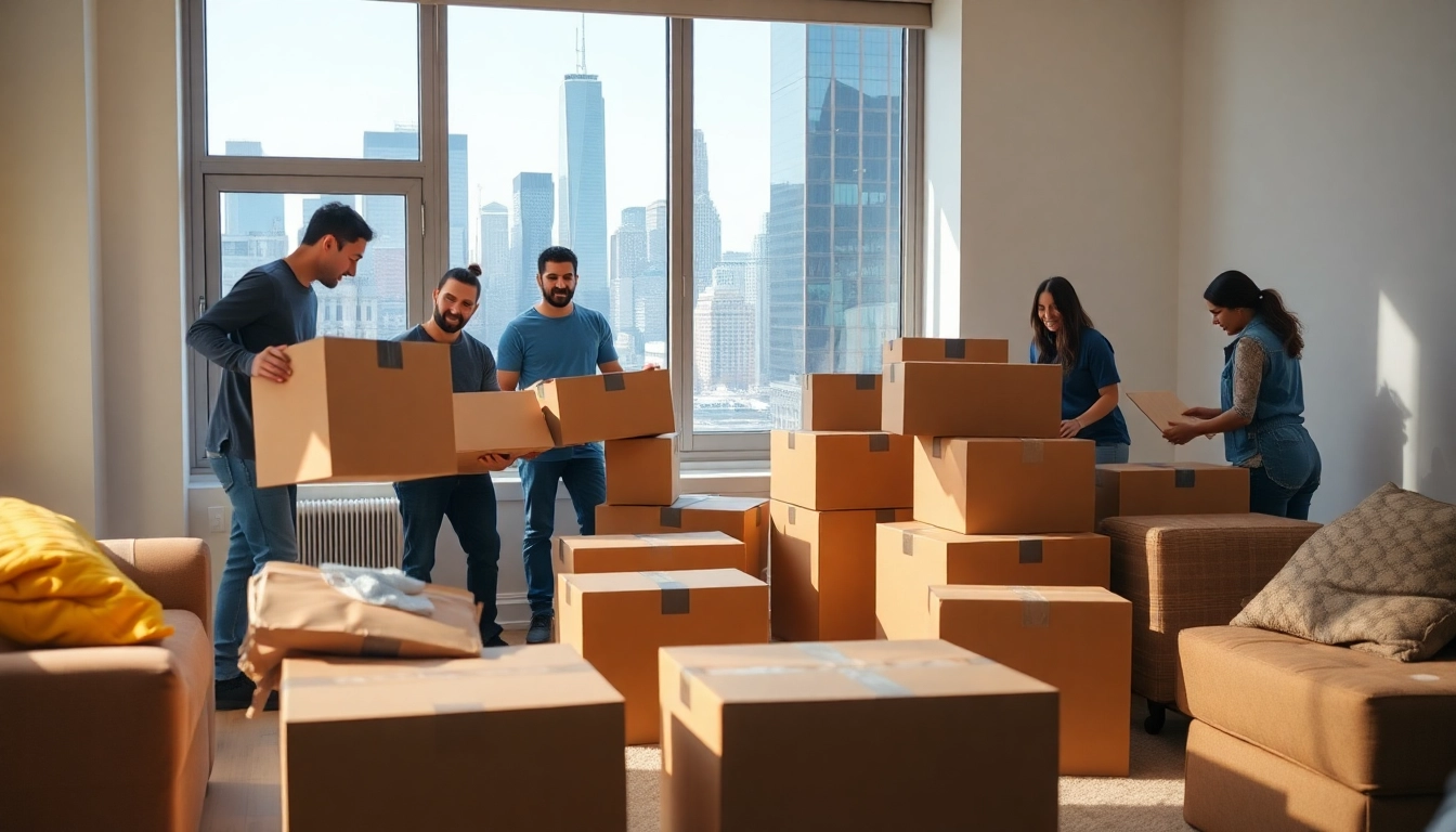 Packers and movers New York team efficiently packing household items in a bright apartment.