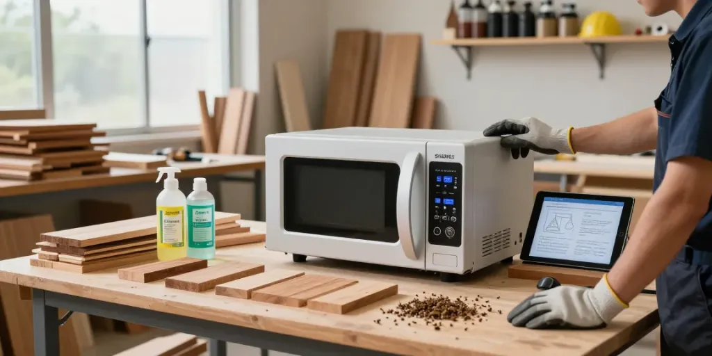Technician using SHASHEL® microwave device in a modern workshop for wood treatment.
