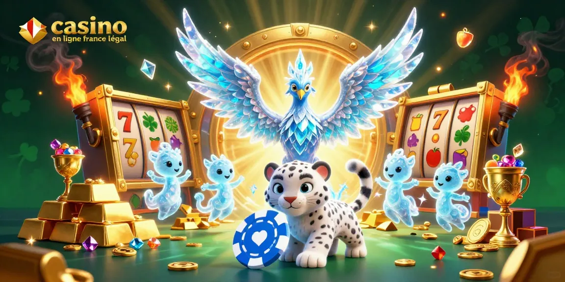 Initiez-vous aux jeux avec "casino en ligne légal en France" dans une illustration 3D dynamique remplie de lumières et de trésors.