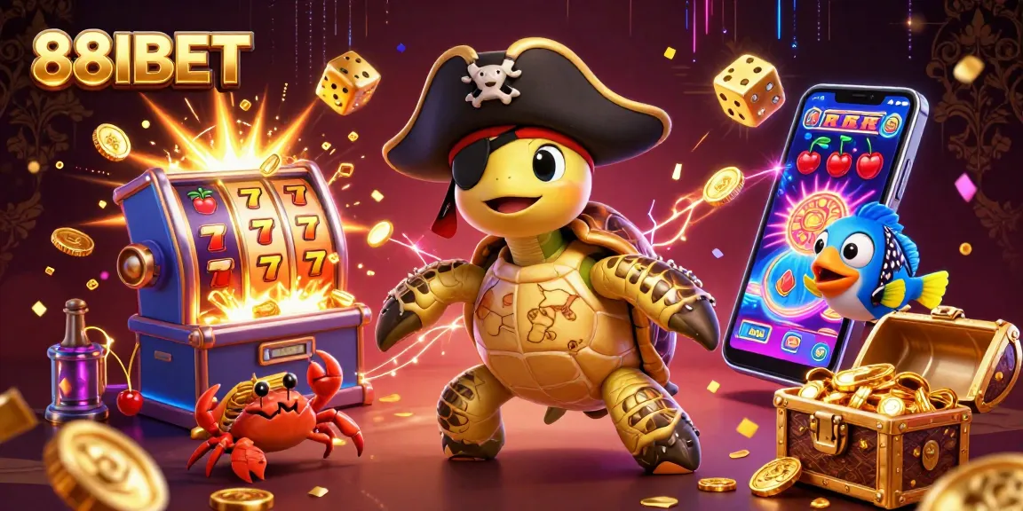 88IBET pirate turtle and friends celebrate winning with casino games and treasures in a vibrant online gambling scene.